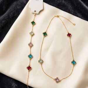 Gold Tone Multicolor Clover Station Necklace and Bracelet Set